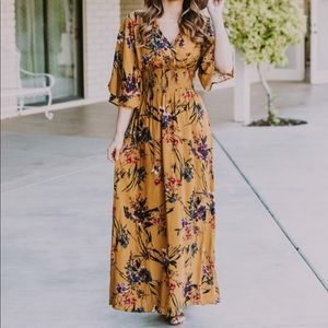 Mustard Yellow Floral Print Maxi Dress
